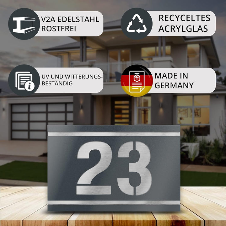 Graviers Design Hausnummernschild mit Gravur aus V2A Edelstahl 215x150mm - Anthrazit Metallic - Wett