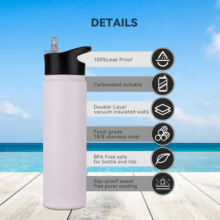 Edelstahl Trinkflasche - 750ml - mit Strohhalm,Auslaufsicher,Kohlensäure Geeignet,BPA frei Thermosfl