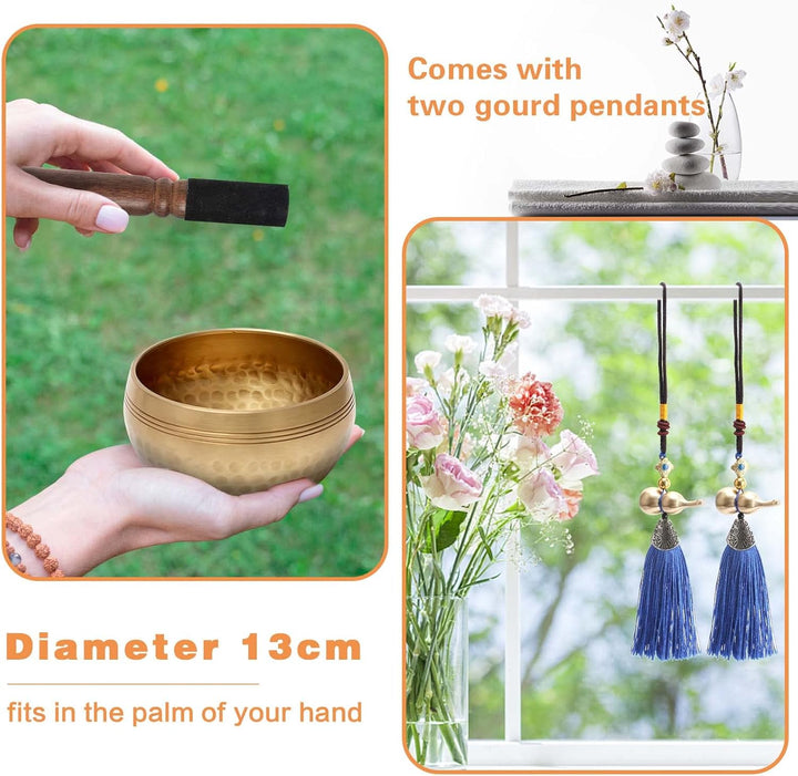 Tibetisches Klangschalen Set,Ø 13cm Meditationsklangschale, Hand gehämmert Messing Klangschale Set m