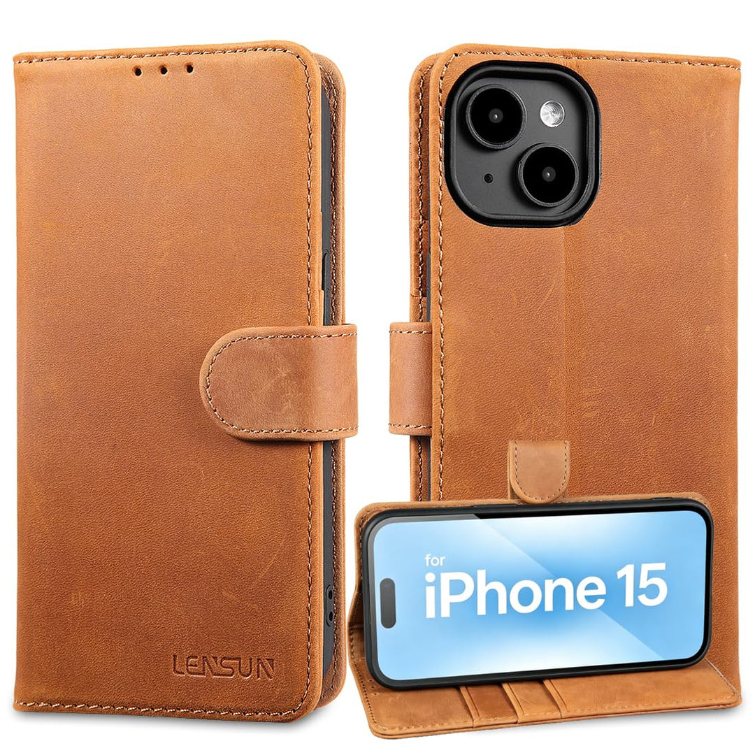 LENSUN Echtleder Hülle für iPhone 15, Handyhülle [Echtes Leder][Kartenfach][RFID Schutz] Handytasche