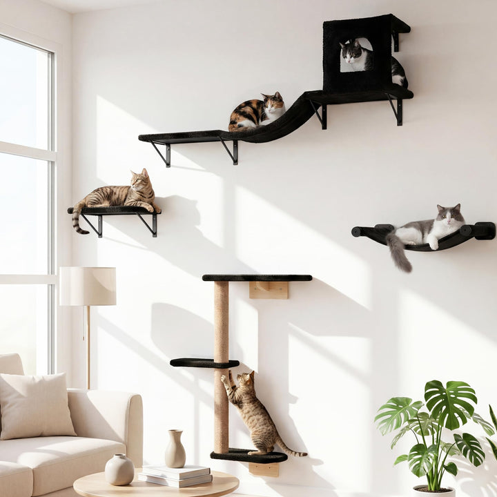 Kletterwand Katzen Set, 4-in-1 Katzen Kletterwand Set, Stabiler Katzenmöbel mit Hängematte, Katzenha