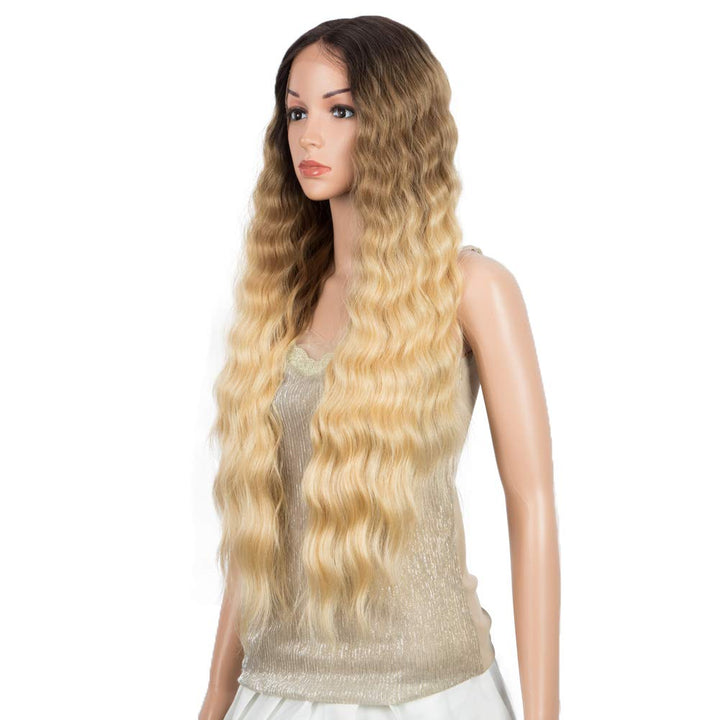 DÉBUT Super Lange Perücke mit Filmansatz Kunsthaar Wasserwelle Perücke mit Mittelscheitel Damen Lace