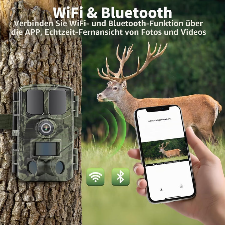 Wildkamera 4K, 48MP Ultra HD Video Wildkamera mit Handyübertragung App, WLAN Wild-Kamera mit Bewegun