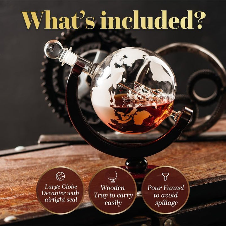 Kemstood Whisky Karaffe Globus Set (850 ml) - Edler Whiskey Decanter mit Gläser, Holzständer und ein