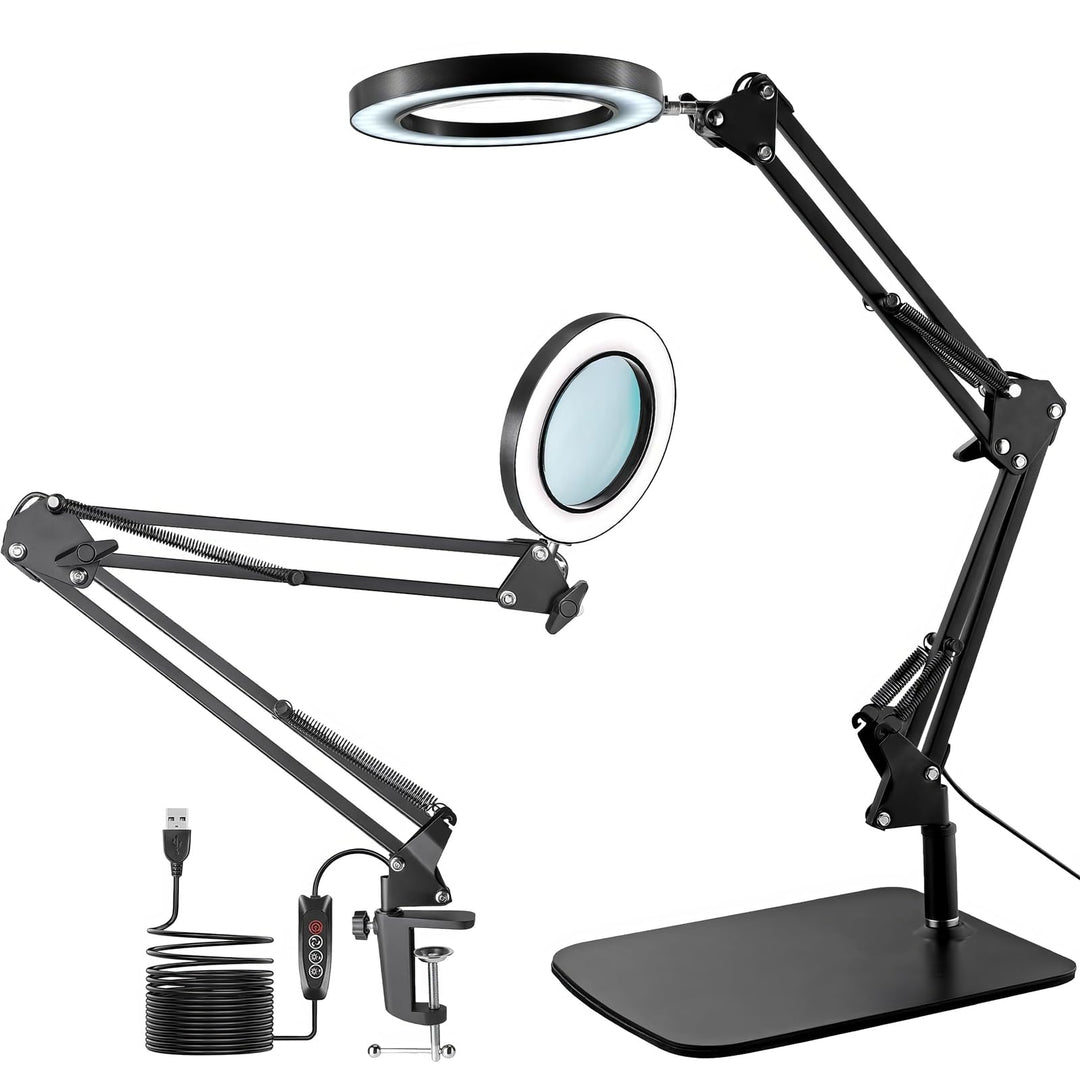 15X Magnifying Glass with Light, LED Desk Lamp with Base and Clamp, 3 Color Modes, 10 Brightness, 72