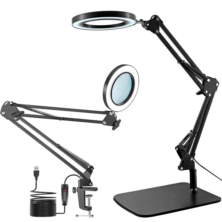 15X Magnifying Glass with Light, LED Desk Lamp with Base and Clamp, 3 Color Modes, 10 Brightness, 72