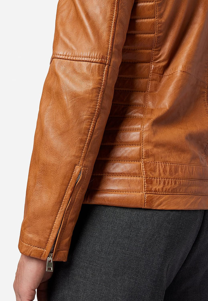 RICANO Cooper – Herren Biker Lederjacke (Slim Fit) - echtes Lamm Leder (XL, Cognac Braun)