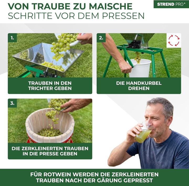 STREND PRO Traubenmühle 7 L Edelstahl mit Metallständer | Maischemühle Beerenmühle mit Handkurbel |