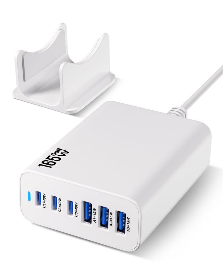 6 Ports Ladestation Schnellladegerät, 165 W USB C Schnelllade Netzteil, PD Power GaN Ladegerät kompa