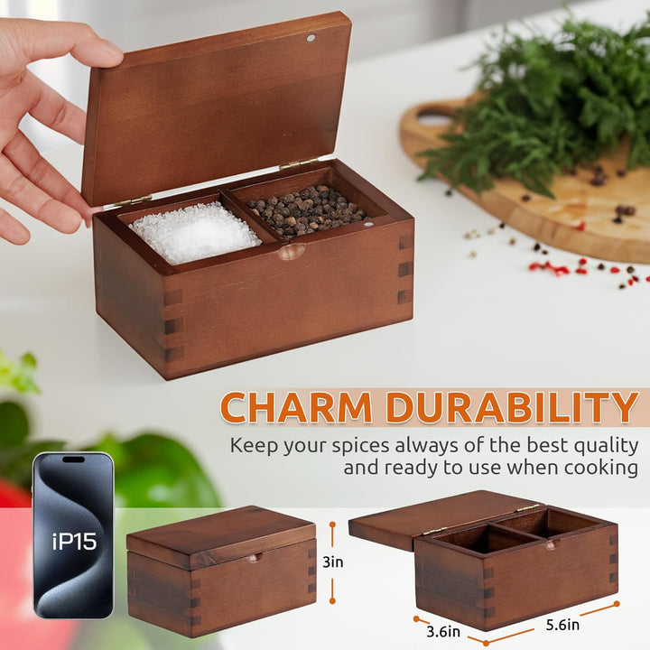 Demigo Salzkeller Akazienholz-Salzbox mit Klappdeckel, 14 x 9,1 x 7,6 cm, 590 ml, grosser Stauraum,