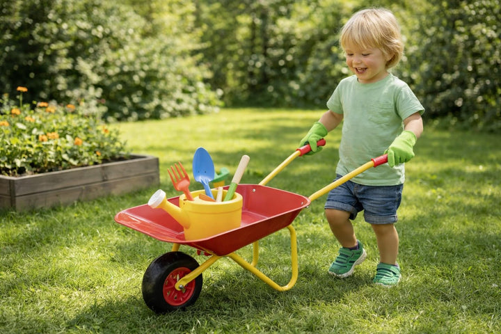 Kinder Schubkarren Set 7-Teile Metall &amp; Holz Gartenspielzeug mit Schubkarre, Schaufel, Harke, Forke,