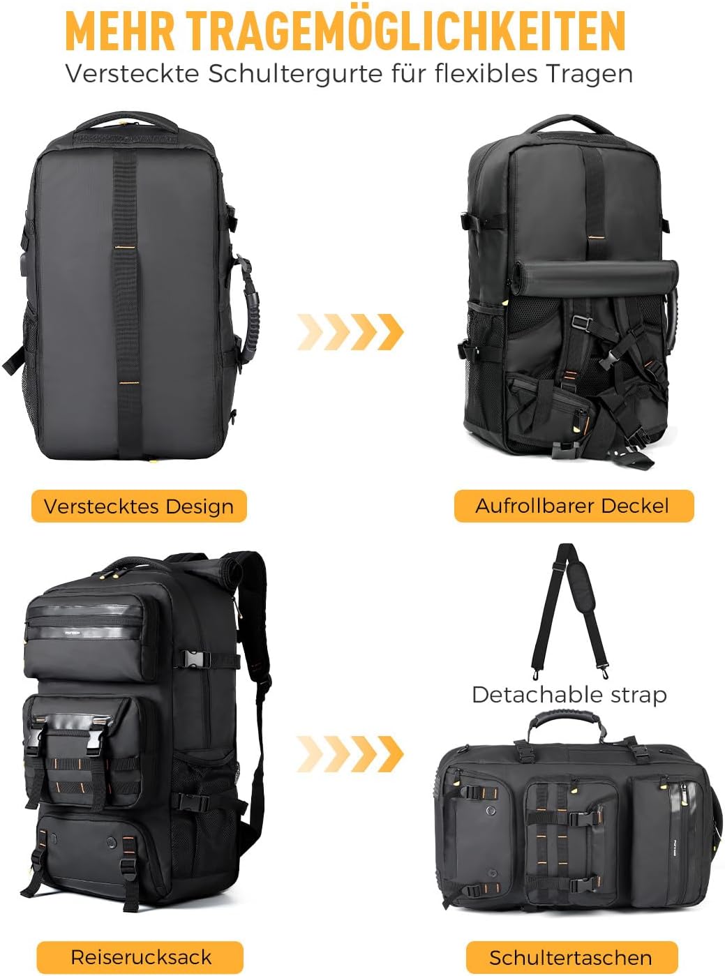 Ponhog Travel Backpack for Men - 50L Convertible Duffle Bag with Shoe Compartment, Carry On Laptop B