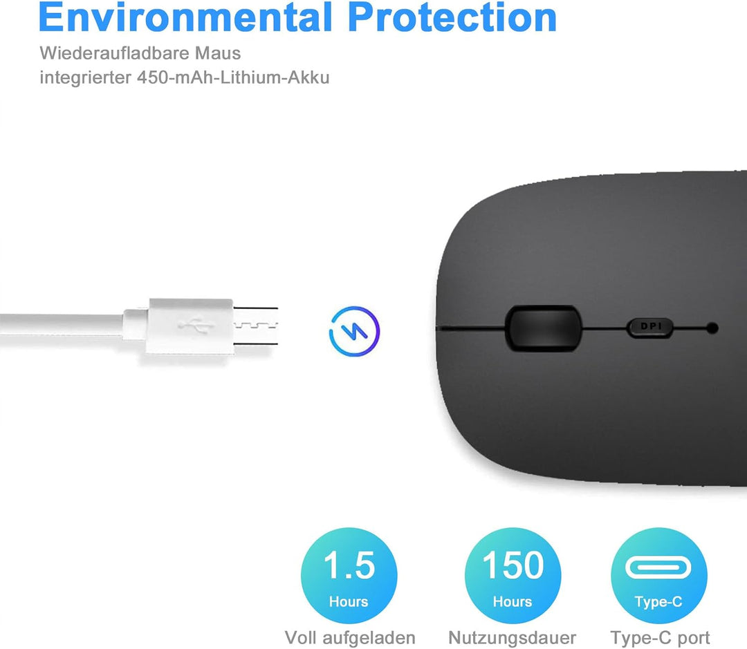 AE WISH ANEWISH Bluetooth Maus fur Mac/iPad/iPhone/PC/Computer, wiederaufladbar geräuschlos Mini Kab