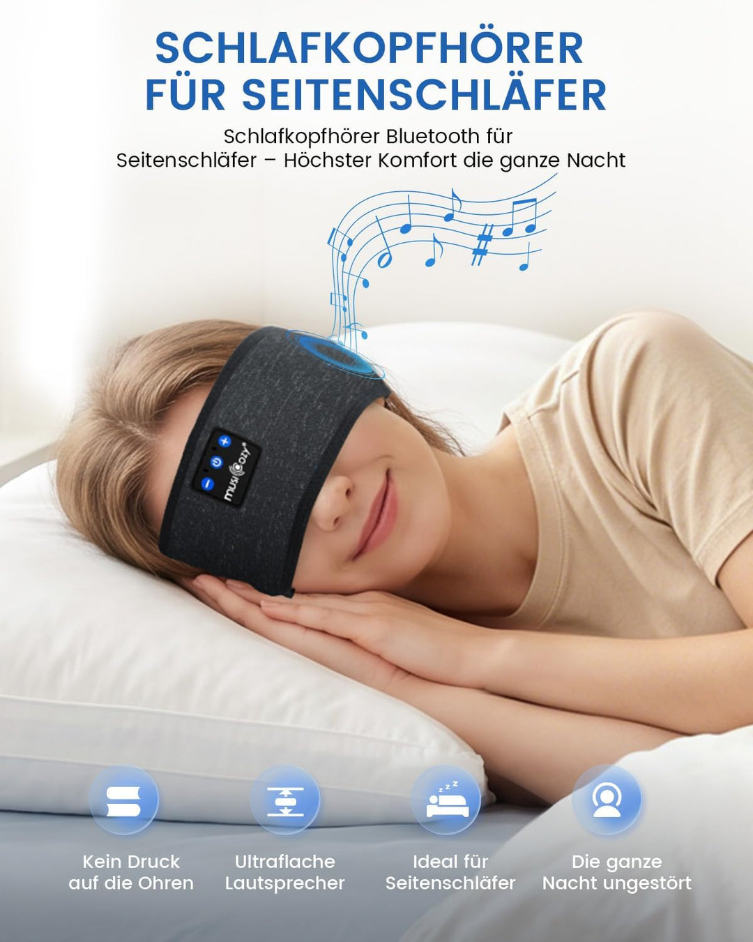 MUSICOZY Schlafkopfhörer Bluetooth 5.4, Bequem &amp; Ultraleicht Stirnband kopfhörer zum Schlafen mit Hi
