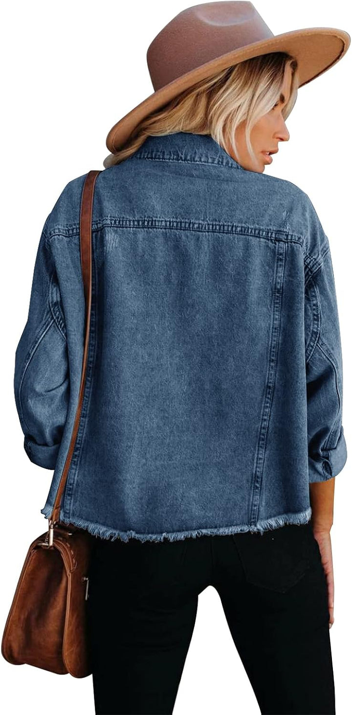JayscreateEU Female Jeansjacke Kurze jacke Denim Jean Mantel Outwear Lange Ärmel Damen Jeansjacke mi