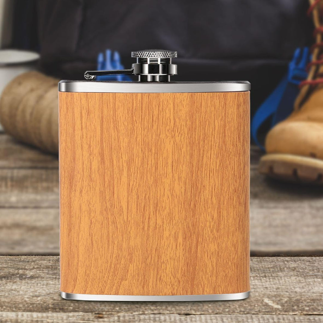Personalisierter Flachmann mit Gravur - 207 ml Edelstahl-Flachmann in Holzoptik – Geschenk für Männe