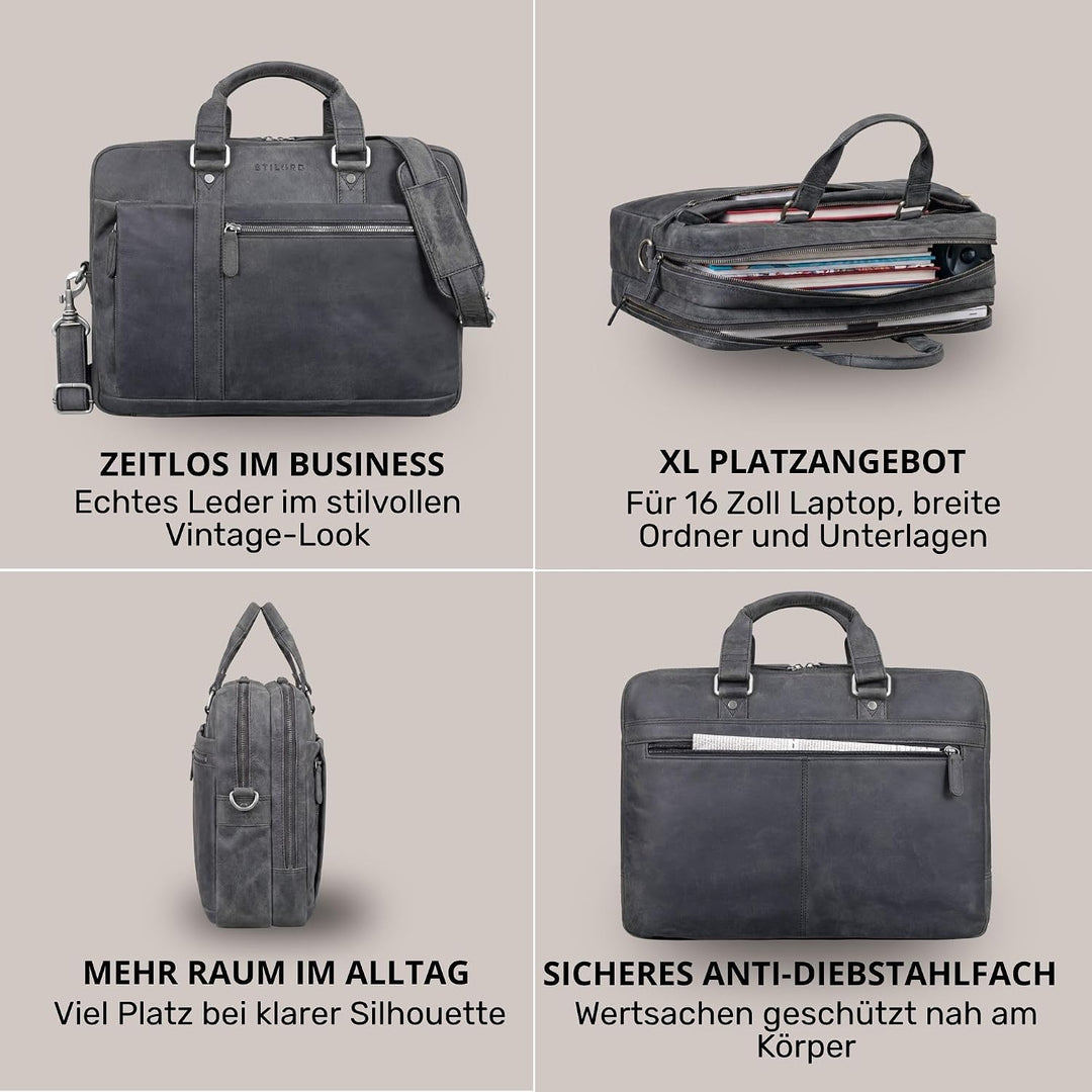 STILORD 'Nico' Grosse Businesstasche aus Hochwertigem Leder für 15.6 Zoll Laptop, Farbe:carbon - gra