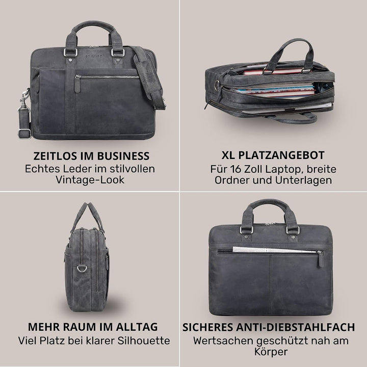 STILORD 'Nico' Grosse Businesstasche aus Hochwertigem Leder für 15.6 Zoll Laptop, Farbe:carbon - gra