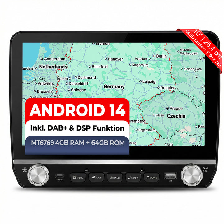 M.I.C.1192-L3 Android 14 Autoradio mit Navigation: MT6769V, 4GB+64GB, 10.1 Zoll QLED Display, SIM, A