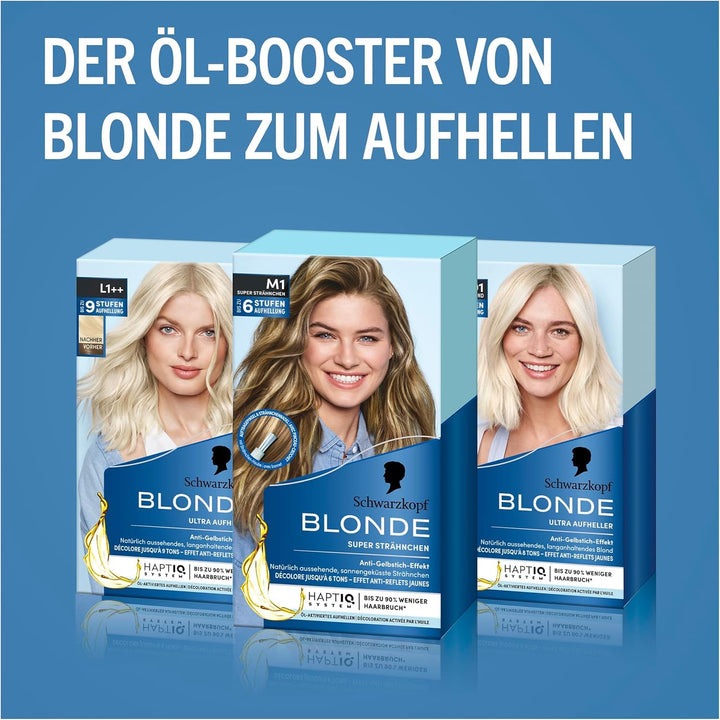 Schwarzkopf Blonde M1 Super Strähnchen (4x 103 ml), Strähnchen Set für Öl-aktiviertes Haare Aufhelle