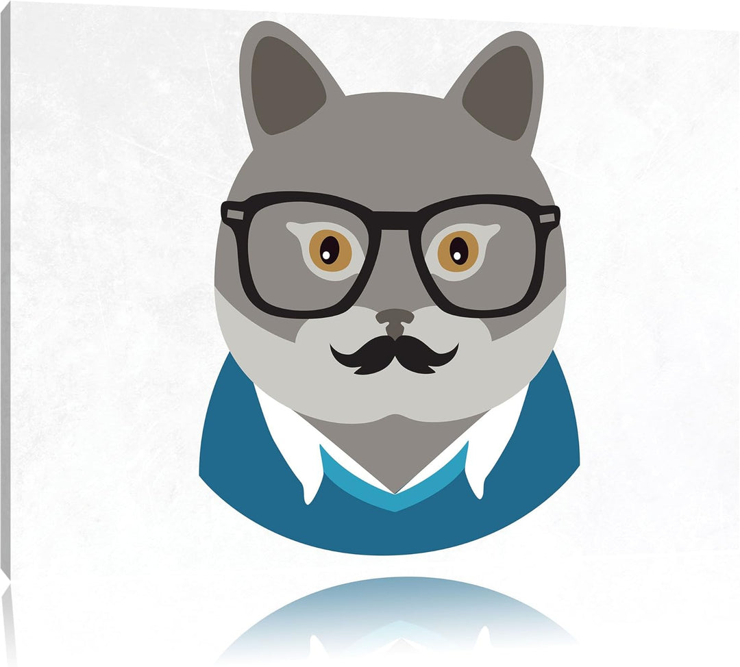Pixxprint Hipster Katze mi Brille und Schnurbart(Chartreux) weiss, Format: 100x70 auf Leinwand, XXL