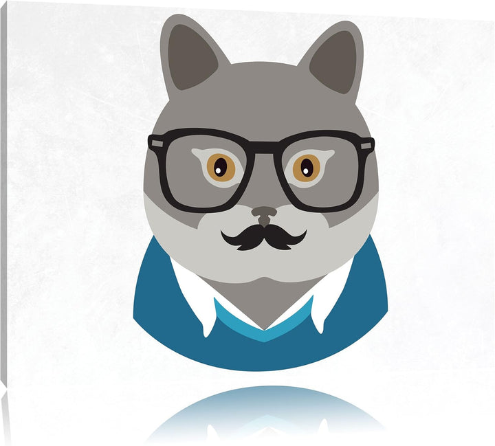 Pixxprint Hipster Katze mi Brille und Schnurbart(Chartreux) weiss, Format: 100x70 auf Leinwand, XXL
