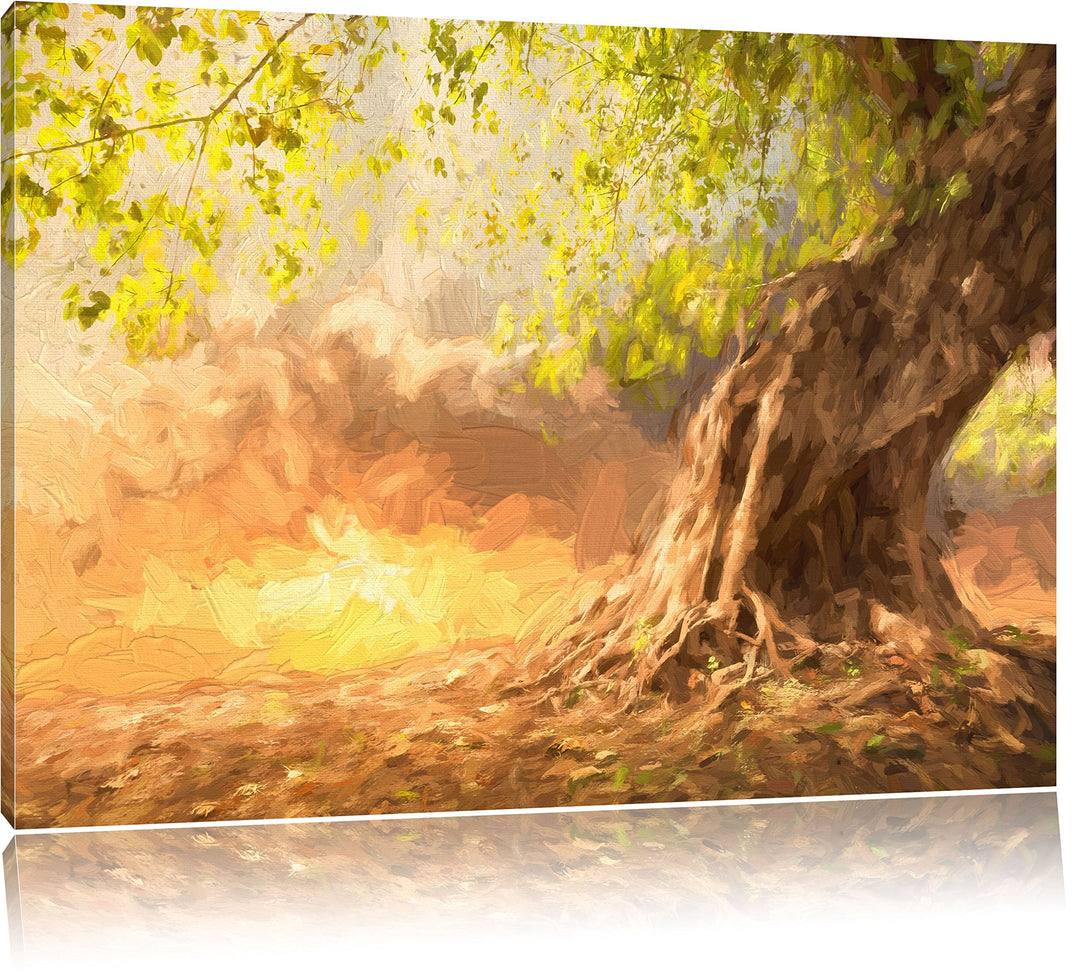 Pixxprint Verwurzelter starker Baum im Sonnenuntergang Kunst Pinsel Effekt, Format: 100x70 auf Leinw