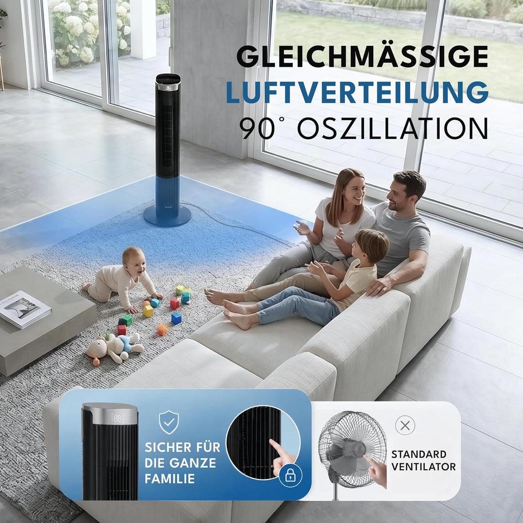LEBENLANG Turmventilator Sehr Leise 19,8 dB(A) - 4 Modi & 12 Geschwindigkeiten I 90° Oszillation Ven