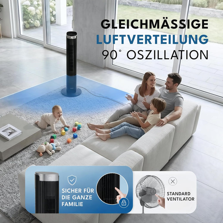 LEBENLANG Turmventilator Sehr Leise 19,8 dB(A) - 4 Modi & 12 Geschwindigkeiten I 90° Oszillation Ven