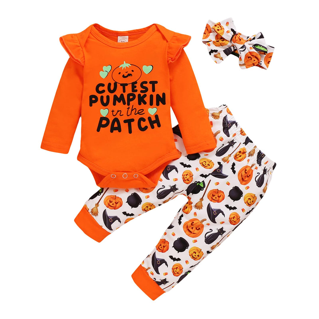 Baby Mädchen Kleidung Set 3tlg My First Halloween Langarm Outfit mit Stirnband und langem Kürbis Hos