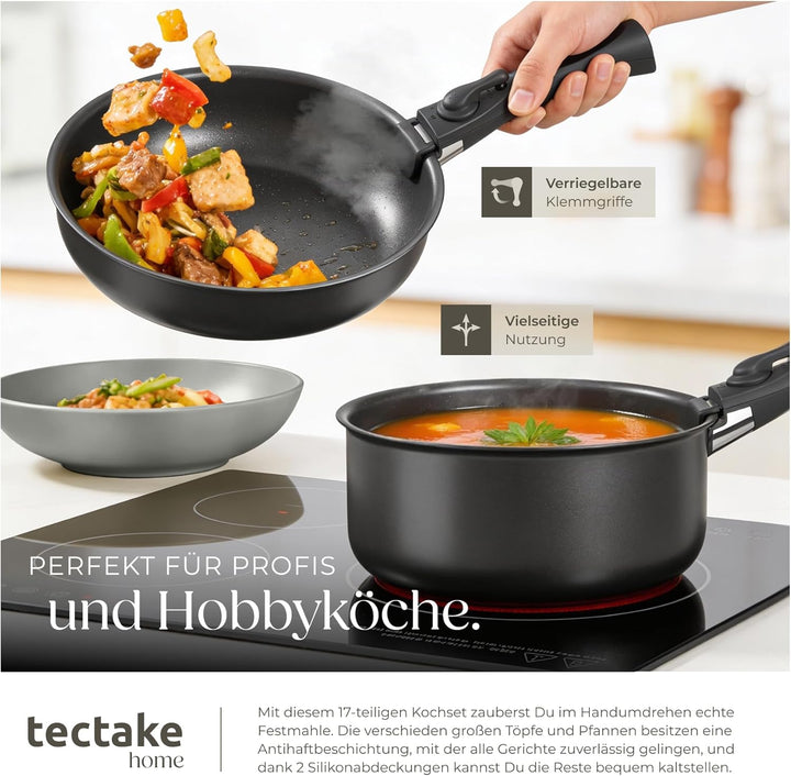 tectake® 47-tlg. Küchenstarterset, Steingut Geschirrset 6 Personen, Tassen, Teller Set, 2x Kochtopf,
