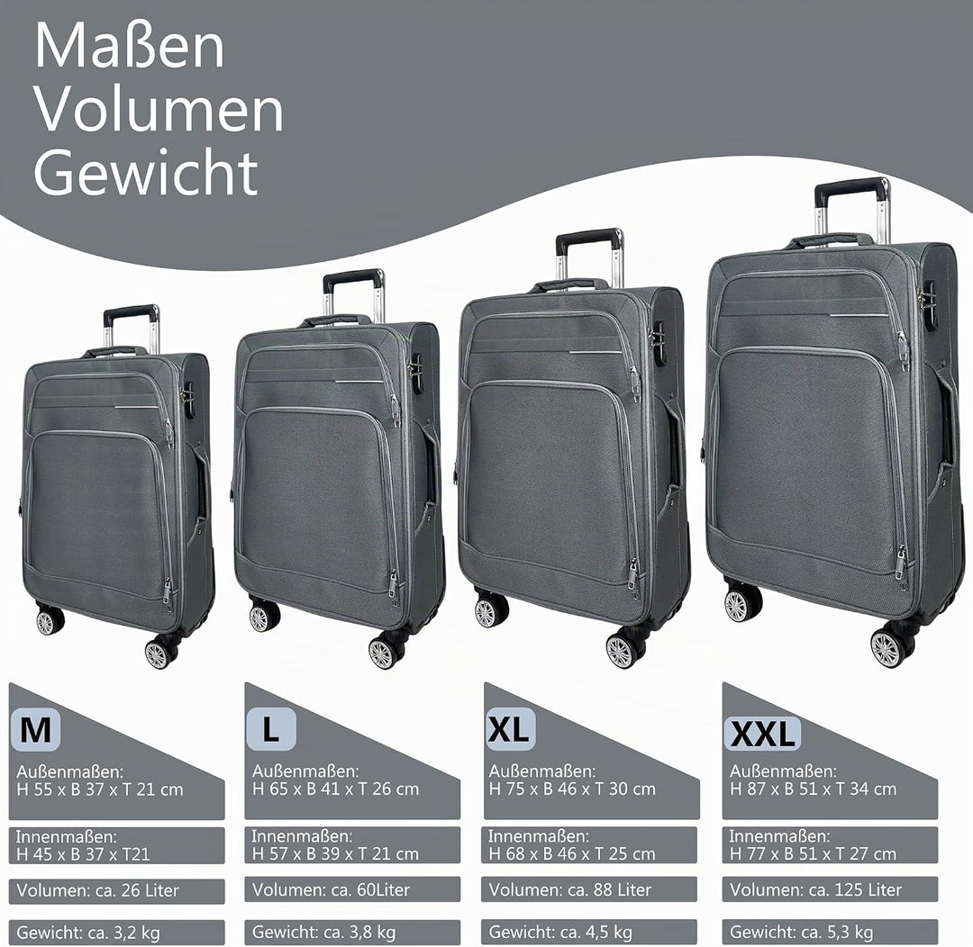 Stoff Reisekoffer Trolley Erweiterbar mit Zwillingsrollen (M/L/XL/XXL oder 4er Set) Weichgepäck (Gra