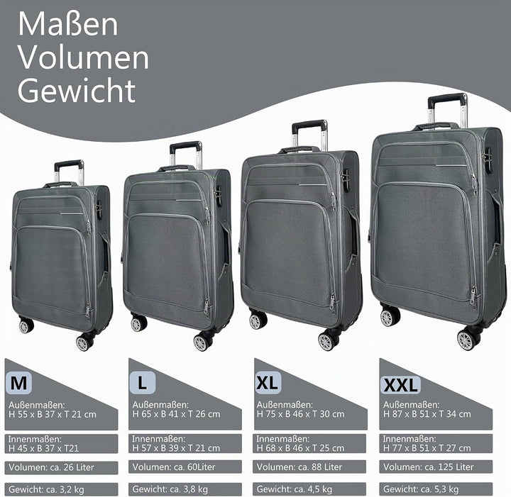 Stoff Reisekoffer Trolley Erweiterbar mit Zwillingsrollen (M/L/XL/XXL oder 4er Set) Weichgepäck (Gra
