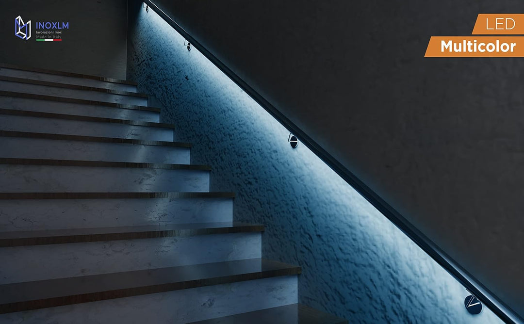 Treppengeländer aus Edelstahl mit LED naturweiss mehrfarbig Vorrichtung LED (120 cm, Handlauf mit Vo