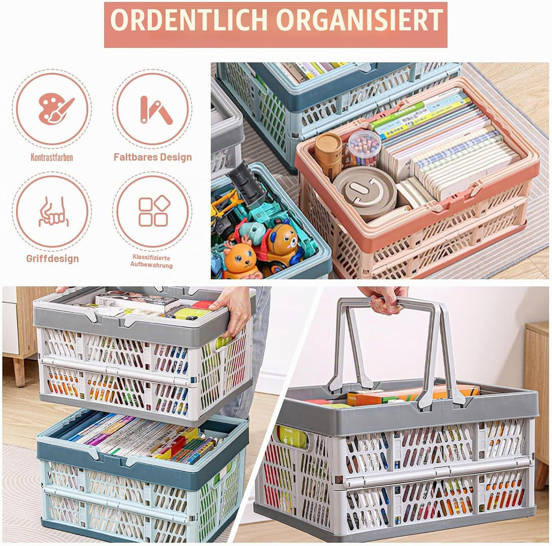 Klappkorb Faltbar, 2er Set Klappbox Klein mit Henkel 10 L Rosa, Multifunktionaler Aufbewahrungskorb