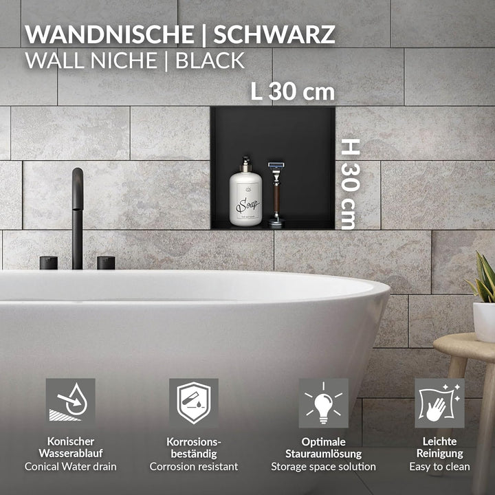 LuxeBath Wandnische aus Edelstahl, 30x30x10 cm, Schwarz, Duschnische, Randlos, Einbauregal, Flexible