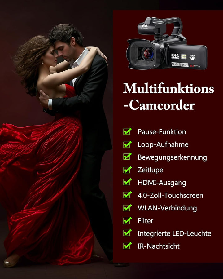 Videokamera Camcorder 6K 64MP 18X Digitalzoom Vlogging Camera mit IR Nachtsicht für YouTube, HD Webc