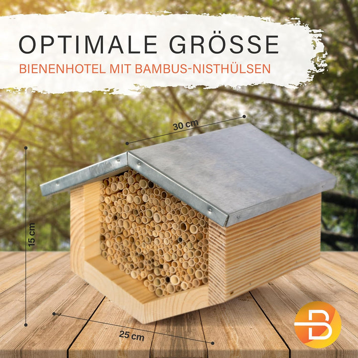 Beesi Wildbienenhotel mit Vogelschutz I Dach wetterfest I Nisthülsen aus Bambus I hochwertiges Insek