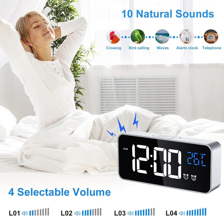 CHEREEKI Digitaler Wecker, LED Digitaluhr mit Temperaturanzeige Tragbarer Spiegelalarm Tischuhr mit