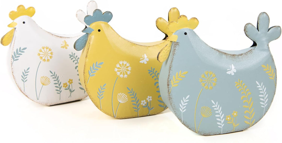 Logbuch-Verlag Ostern Deko 3 Metall Hühner gelb weiss blau Osterdekoration Frühlingsdeko zum Hinstel