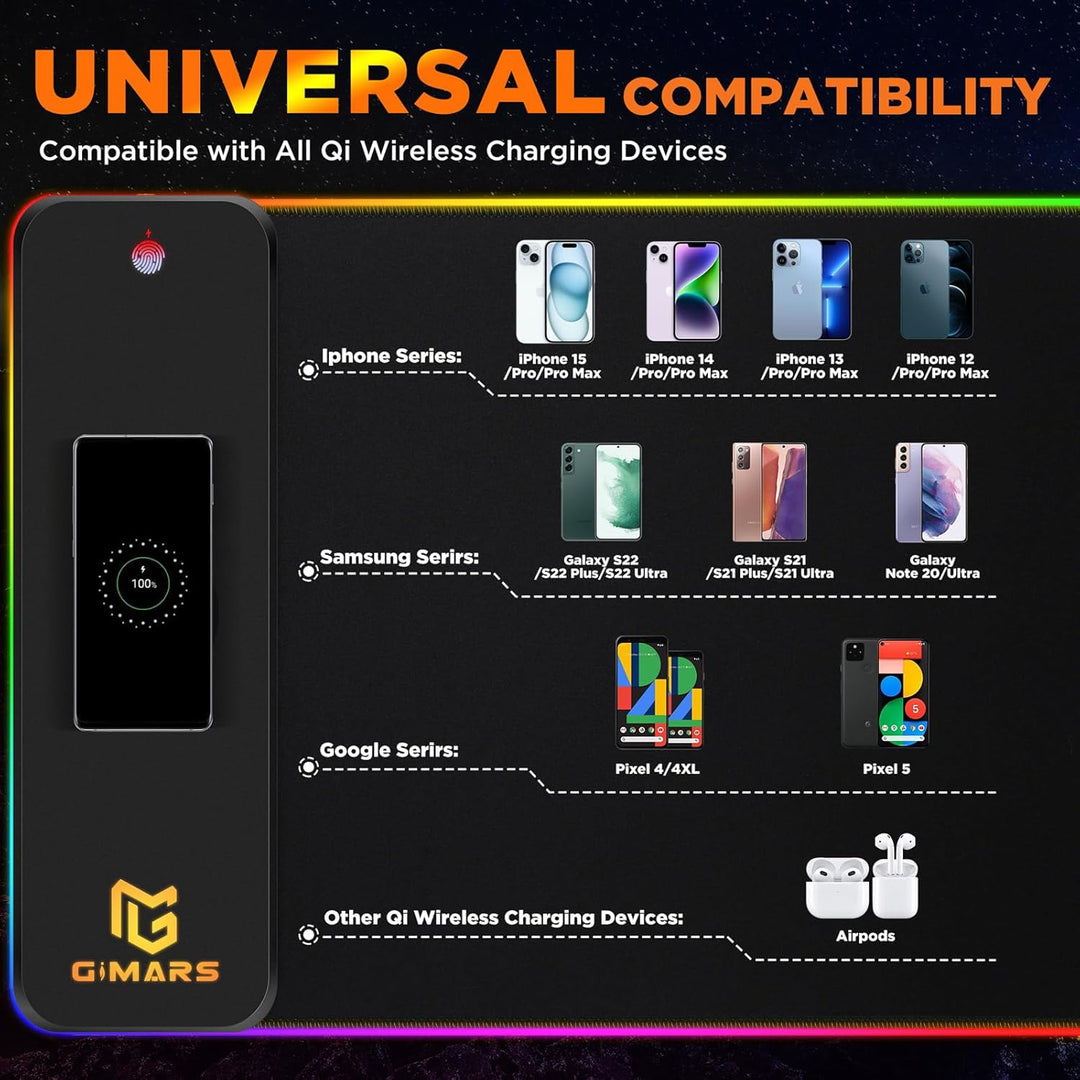 Gimars Upgrade Gaming Mauspad RGB, 15W Kabelloser Schnellladung, 800x300x5mm, Mousepad XXL mit 10 Fa