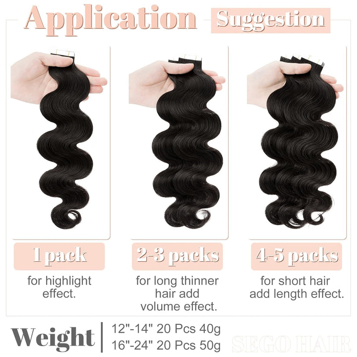 SEGO Tape Extensions Echthaar GEWELLT Klebeband Haarverlängerung 20 Stück 40G mit 10 PCS Doppelseiti