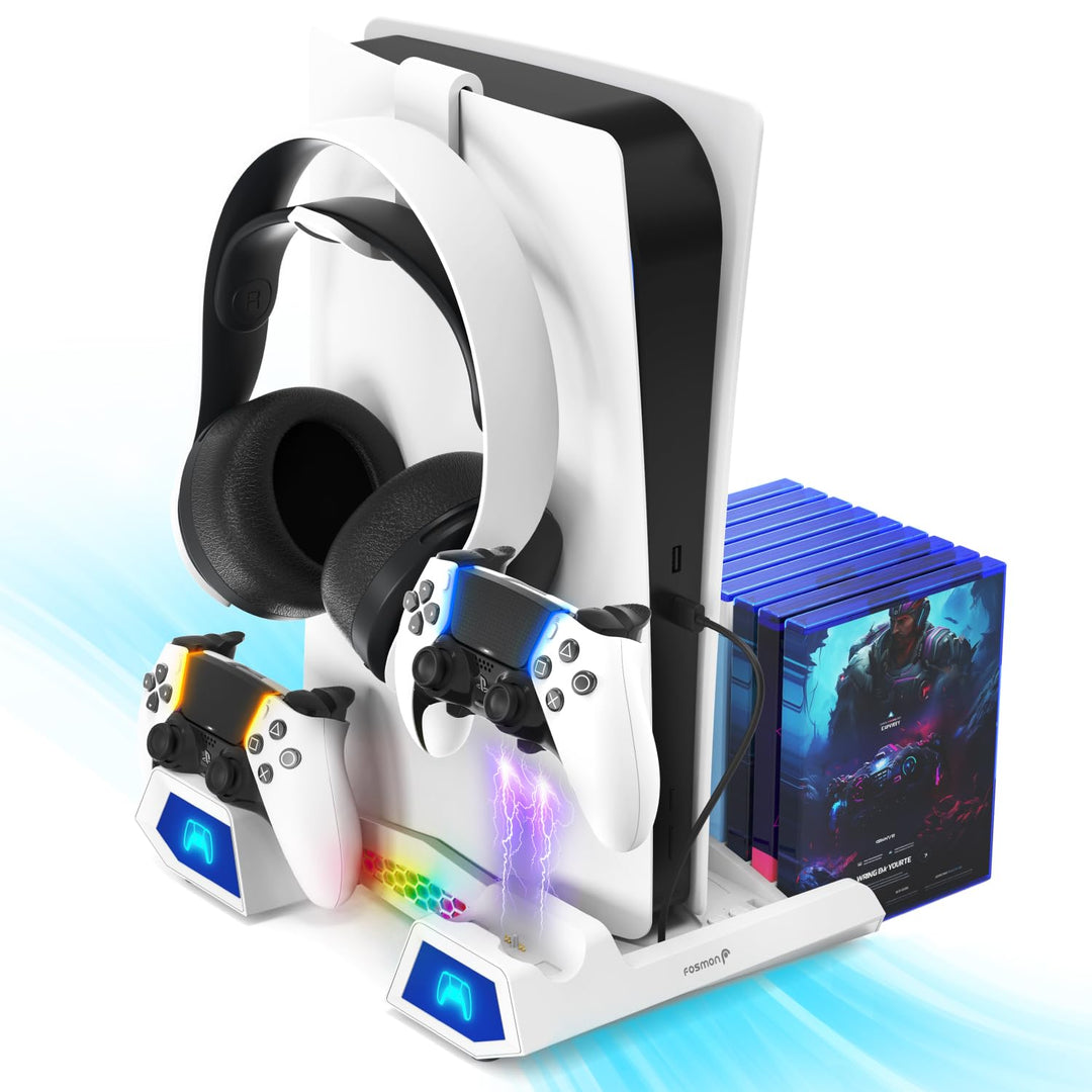 Fosmon - PS5 Ständer mit 3 stufig Lüfter und Licht, PlayStation 5 Slim/pro Standfuss mit 2 USB Ports