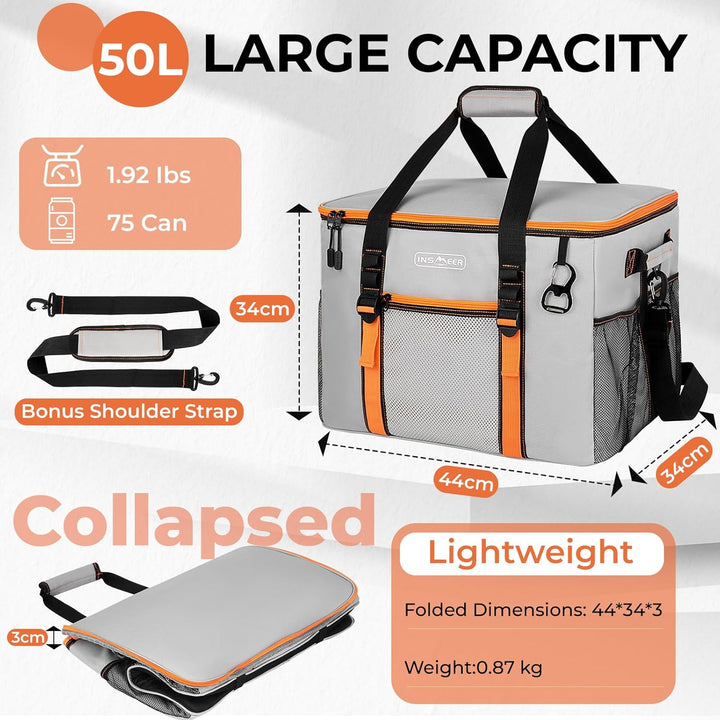 INSMEER Kühltasche Gross 50 l, Kühltaschen Faltbar für 80 Dosen, Faltbare/Auslaufsicher mit Öffner,