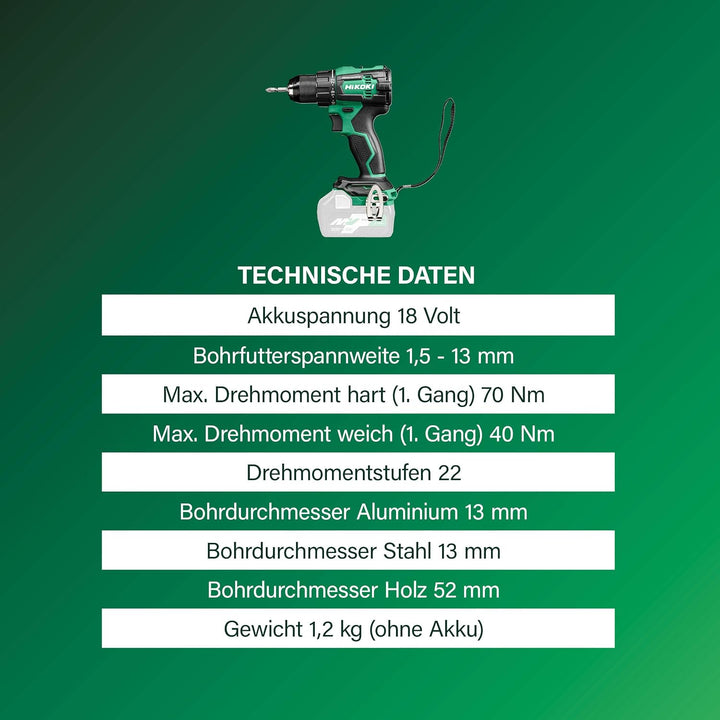 HiKOKI Akku Bohrschrauber DS18DEW2Z, 18V Brushless Bohrer, 70 Nm, HSC II