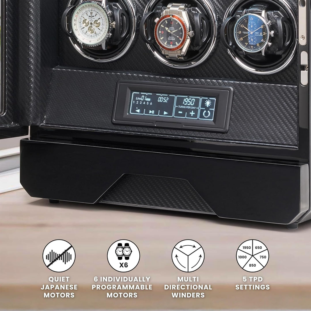 BARRINGTON 6 Uhrenbeweger | Hochwertige Luxus-Multi-Uhrenbewegerbox mit schwarzer Carbon-Oberfläche