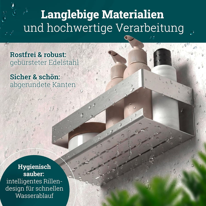 husman® Duschablage ohne Bohren | Edelstahl gebürstet | mit Ablaufrillen & 3 Haken | Kleben statt Bo