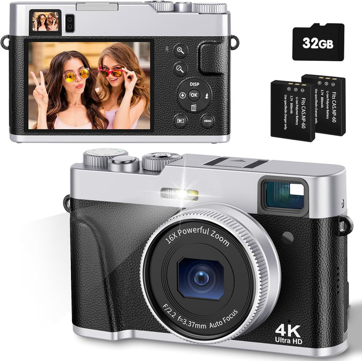 CAMKORY Digitalkamera 4K 48MP Fotokamera Autofokus 32G Karte Optischer Sucher Kamera Kompaktkamera F