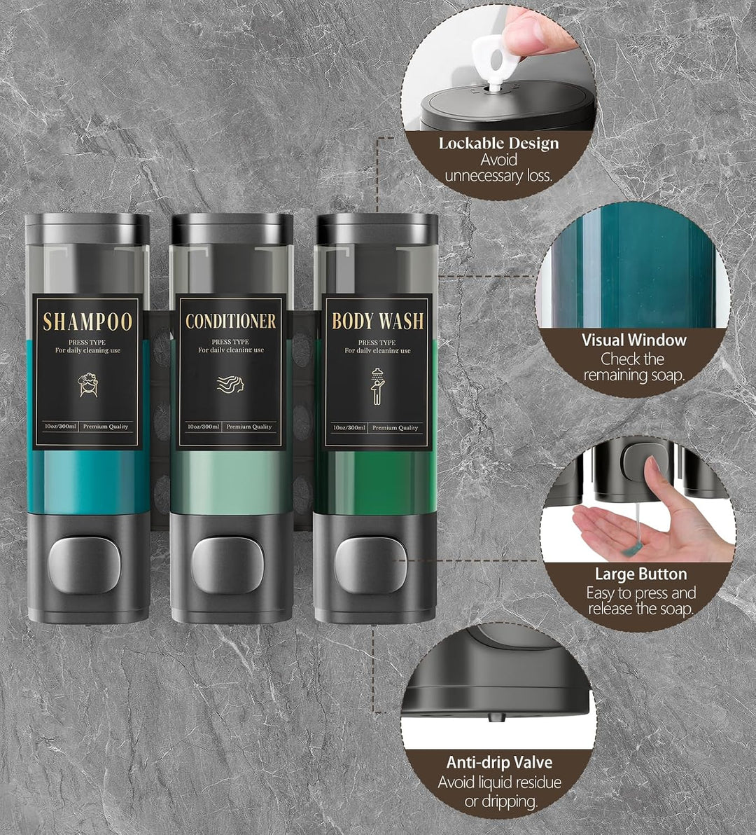 Luxspire Shampoo- und Conditioner-Spender, bohrerloser Wand-Duschseifenspender mit 3 Kammern und was