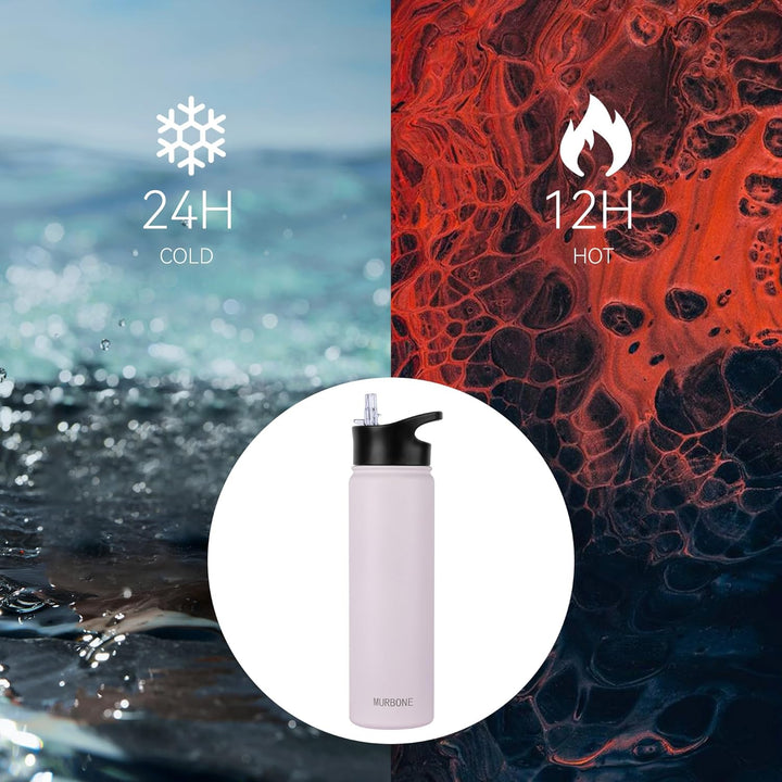 Edelstahl Trinkflasche 750ml (+2 Deckel)-mit Strohhalm,BPA frei,Thermosflasche Auslaufsicher,Kohlens
